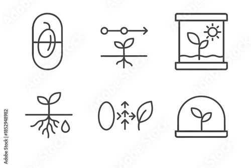 Adaptive Seed Iconography. Line style icons of adaptive seed researchers: seed resilience capsule, germination timeline, stress