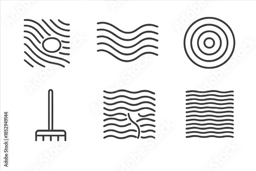 Zen Garden Icons. Line style icons of raked sand as mental clarity: zen garden pattern, flowing sand lines, concentric focus rings