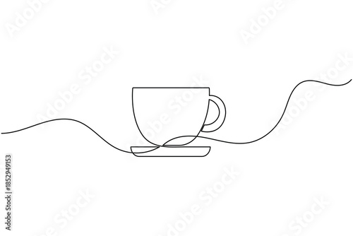 Minimalist Continuous One Line Drawing of a Coffee Cup with Saucer