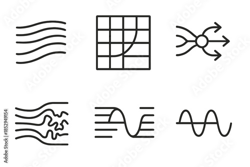 Fluid Dynamics Icons. Line style icons of fluid dynamics as workflow optimization: streamlined process curve, velocity path grid,