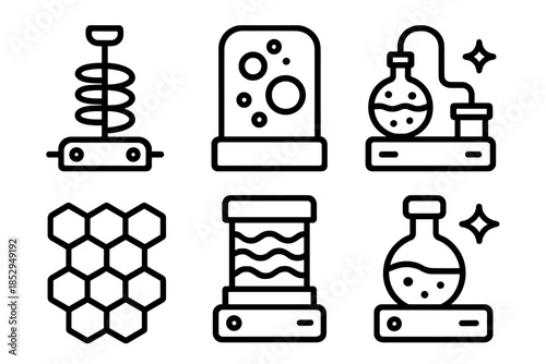 Mnemonic Synthesis Devices. Line style icons of mnemonic synthesis devices: memory fusion coil, recollection blending chamber,