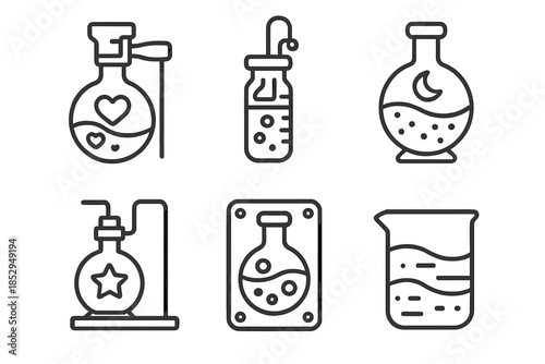 Nostalgic Mixer Icons. Line style icons of nostalgia compound mixers: sentimental liquid mixer, memory infusion vial, emotional