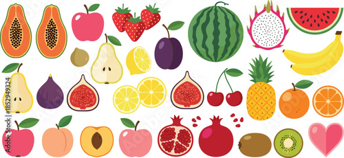 Colorful fruit collection with tropical and temperate varieties including papaya, kiwi, pomegranate, watermelon, citrus, berries, and cherries