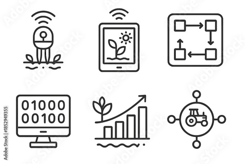 Smart Farming Icons. Line style icons of smart farming systems: integrated crop sensor, automated growth tracker, optimization