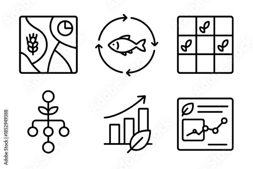 Sustainable Harvest Icons. Line style icons of sustainable harvest planners: crop yield projection map, aquaculture rotation chart