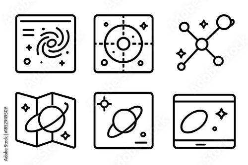 Deep-Space Exploration Icons. Line style icons of deep-space exploration systems: galactic survey interface, interplanetary