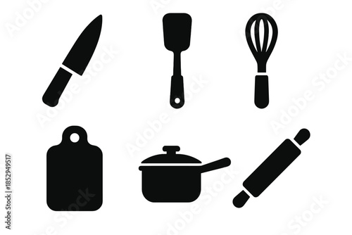 Solid Utensils Icons. Solid style icons of kitchen utensils: knife, spatula, whisk, cutting board, saucepan, rolling pin No text,