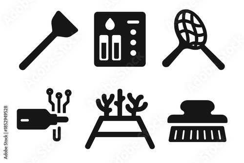 Aquatic Conservation Tools. Solid style icons of aquatic conservation tools: algae scraper, water testing kit, protective net,
