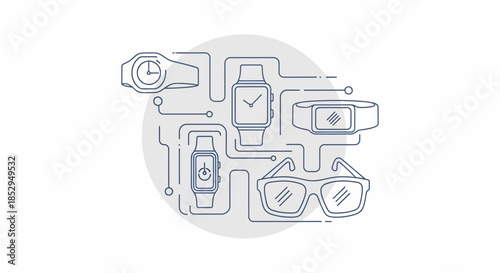 Connected Wearable Technology Devices Line Art Illustration Set.