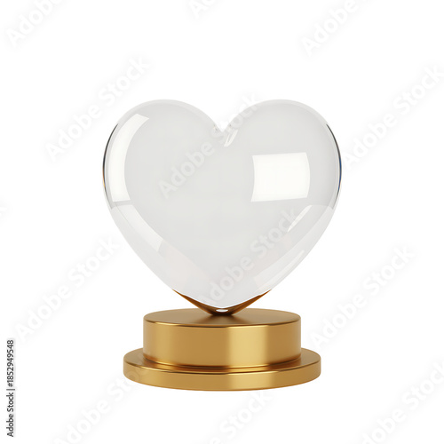 A pristine white heart shaped glass sculpture rests upon a golden pedestal symbolizing love and admiration