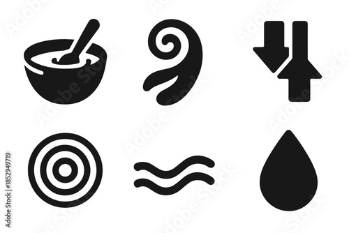 Colorful Mixing Icons. Solid style icons of smooth blend formation: mixing bowl, swirling liquid, gradient arrows, ripple circle,