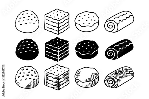 Bombolone doughnut, Pandan cakes, Donut and Choco roll cakes icon element design set with outline, silhouette and engraving style. Bakery pastries, Sweet baked, Dessert breads, Pastry cake slices