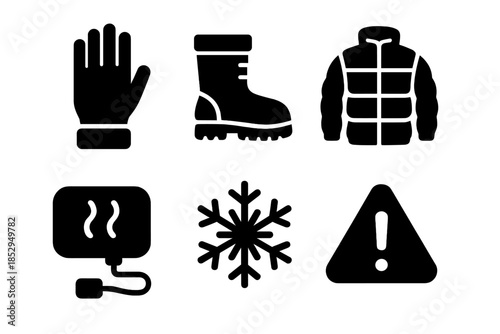 Frostbite Prevention Icons. Solid style icons of frostbite prevention systems: gloves, insulated boots, thermal jacket, heat pad,