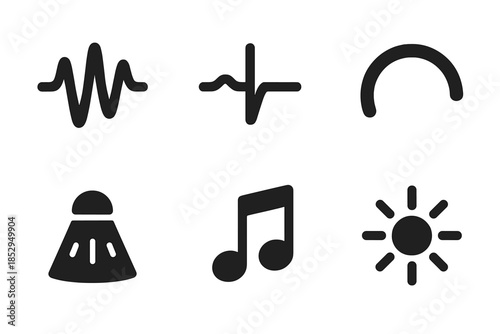 Ambient Rhythm Icons. Solid style icons of ambient rhythm visualization: waveform, shadow line, beat marker, circular arc, light