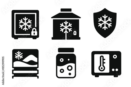 Cryosphere Preservation Icons. Solid style icons of cryosphere preservation: insulated storage, cold lab, frost shield, snowpack