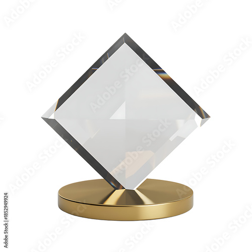 A clear diamond shaped crystal stands prominently on a polished golden base reflecting light beautifully