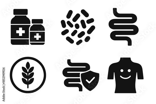Gut Microbiome Icons. Solid style icons of gut microbiome balancing: probiotic bottles, bacteria clusters, digestive tracts, fiber