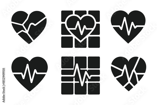 Heartbeat Mosaic Icons. Solid style icons of heartbeat mosaics: fragmented hearts, rhythm tiles, pulse blocks, coordinated shards,