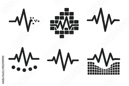 Heartbeat Rhythm Icons. Solid style icons of heartbeat rhythm visuals: pulse shards, tile clusters, fragment alignment, mosaic
