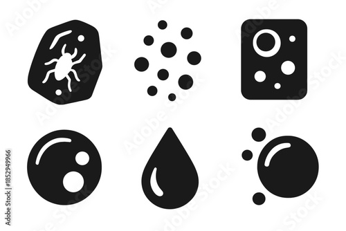 Fossilized Air Icons. Solid style icons of fossilized air specimens: amber pieces, tiny air pockets, encapsulated gases, preserved