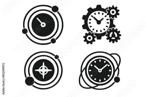 Astronomical Clockwork Icons. Solid style icons of astronomical clockwork: planetary dials, gear arrays, orbit indicators, cosmic