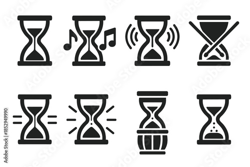 Hourglass Orchestra Icons. Solid style icons of hourglass orchestras: sand timers, rhythmic flow, temporal beat markers, hourglass