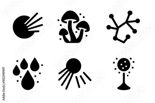 Glowing Mushrooms Icons. Solid style icons of spore light systems: refracted rays, glowing mushrooms, mycelium networks, spectral