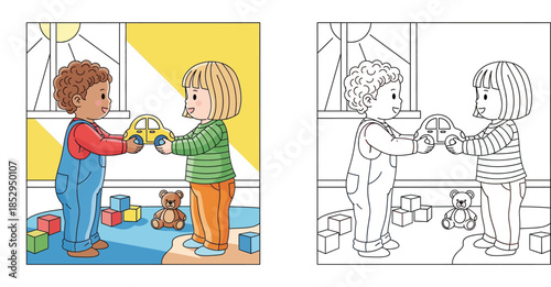 Cute diverse cartoon children sharing a yellow toy car in playroom. Happy boy and girl friends playing together indoors vector illustration for kindness concept.