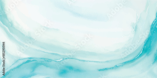 Abstract watercolor landscape of a blue sea and sky with soft white clouds and sunlight reflecting on the ocean waves at the summer horizon