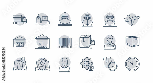 Comprehensive set of logistics and shipping line art icons.