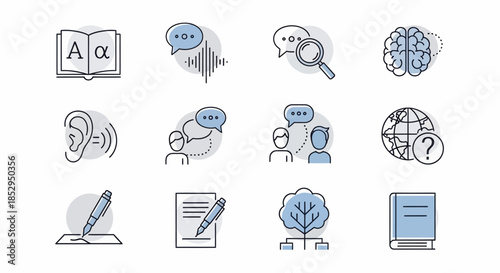 Hand drawn icon set for linguistics language and communication.