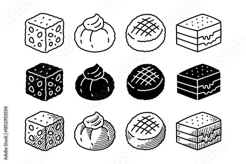 Panforte, Zeppole, Amaretti, Tiramisu cake illustration icon element designs with outline, silhouette and engraving style. Bakery desserts, Sweet pastries, Baked sweets, Cake slices, Snacks