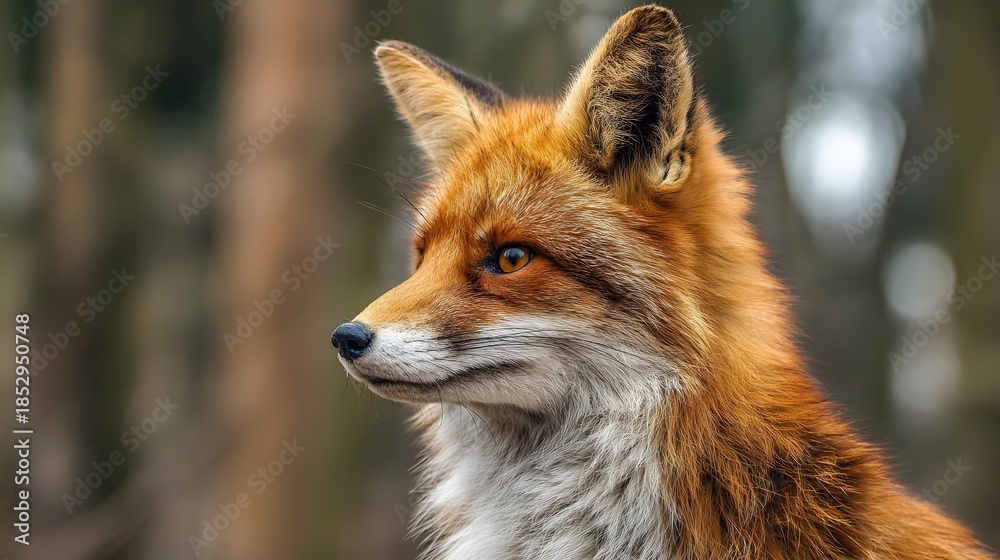 Fototapeta premium Close-up portrait of a stunning red fox in its natural forest habitat, showcasing vibrant fur and focused gaze.