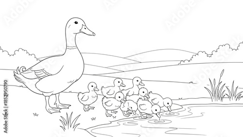 Duck Family Coloring Page Showing Farm Bird Parent and Ducklings for Kids