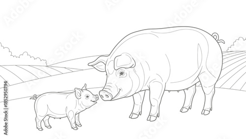 Pig Family Coloring Page with Farm Animal Parent and Piglet for Kids Worksheet