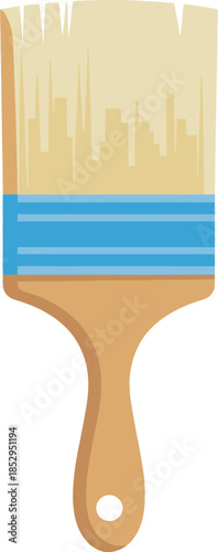 Illustration of flat paintbrush and painting supplies, wooden handled art tool, creative workspace setup, materials for painting, drawing, and craft projects in studio environment.