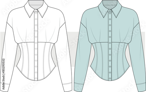 Women's long sleeve shirt with waist corset detail fashion technical drawing, illustration. Shirt vector, front  view. CAD, Mockup.