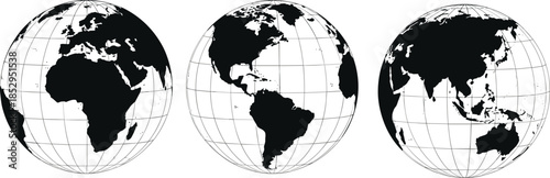 MobileWorld globe views, geographic projection, Earth illustration, CAD style, flat vector, global map, monochrome design, longitude latitude grid, educational graphic, international perspective