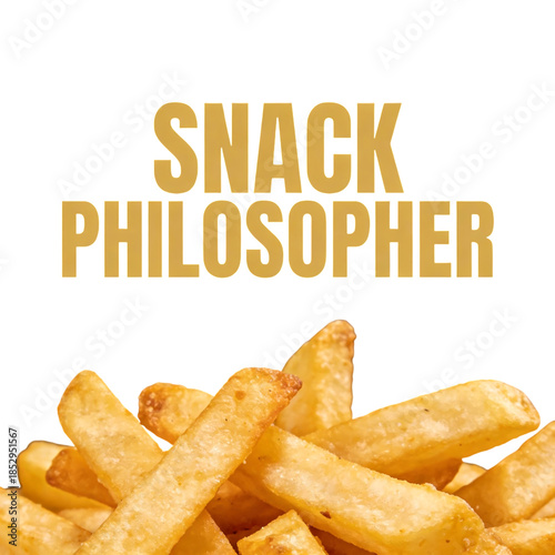 Snack Philosopher Text: Crispy golden french fries arranged invitingly, with the playful text Snack Philosopher in bold font, ready to make you ponder the tasty pleasure