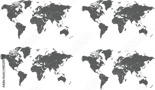 World map template with continents, North and South America, Europe and Asia, Africa and Australia. Illustration of 4 map of world World map on transparent background.