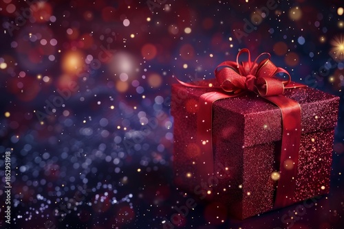 Elegant red gift box with a sparkling ribbon, set against a backdrop of festive bokeh lights, creating a magical christmas atmosphere
