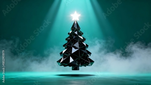 A glowing Christmas tree made of stars shining on a black winter background for a festive holiday greeting