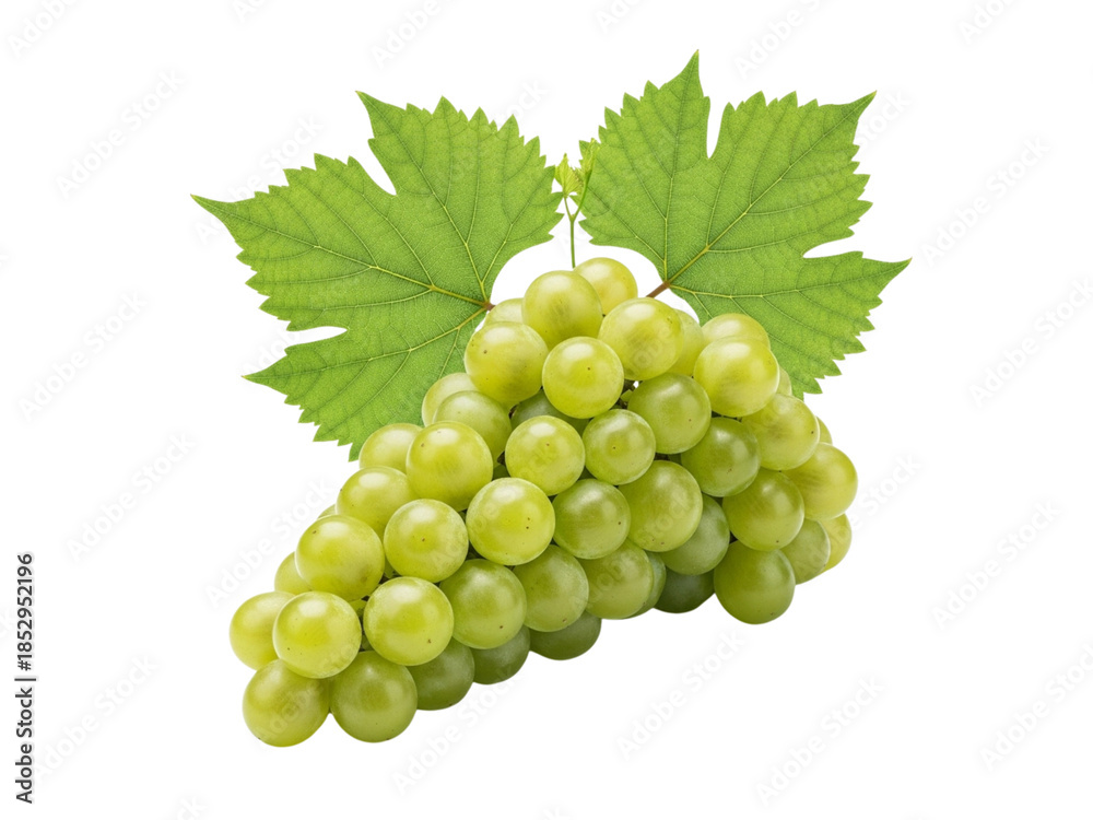 Obraz premium Fresh Green Grapes Cluster with Leaves Isolated on White