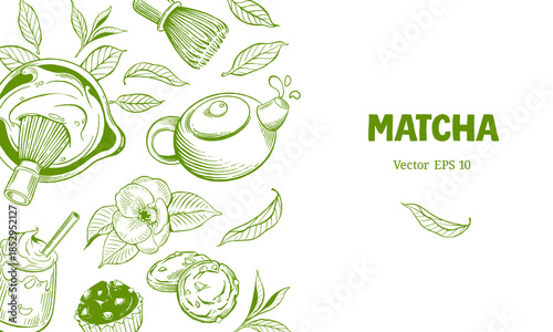 Background with match elements. Teapot, whisk, tea leaves, etc. Hand drawn vector illustration