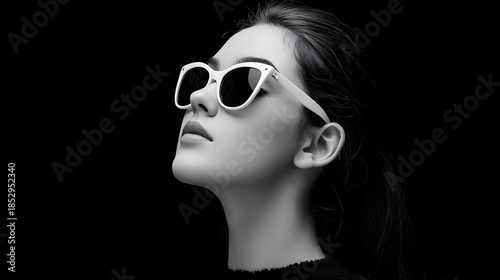Black and white studio portrait of a fashionable woman wearing white rimmed sunglasses captured in profile looking upward with a chic and sophisticated expression against a dark void