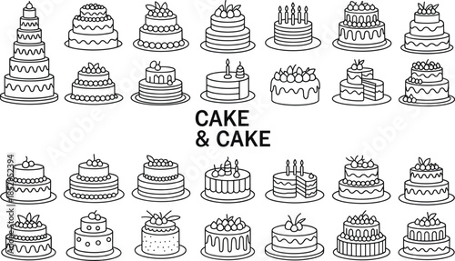 Cake collection line icons, birthday wedding dessert illustrations set, bakery sweets outline vector, celebration pastry design isolated white background