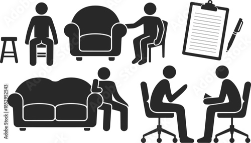 Therapy and counseling pictogram icons set, mental health consultation interview concept, people sitting chairs sofas clipboard illustration isolated white background