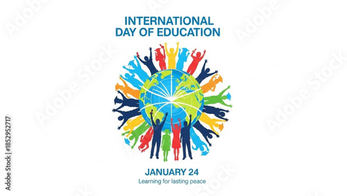 International Day of Education graphic with diverse people around the globe celebrating learning and unity on January 24 vector illustration