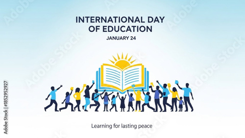International Day of Education illustration diverse people celebrating learning with an open book and sun symbol concept for global knowledge and peace vector art on white background