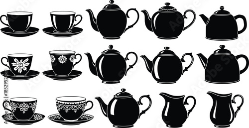 Tea cups and teapots silhouettes collection, vintage kitchenware drinkware set, black vector illustration isolated on white background